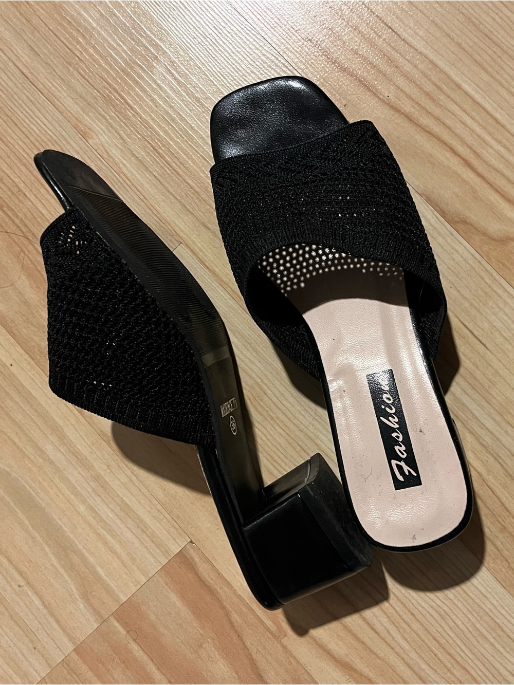 Black Knit Block Heel Slide Sandals for Women